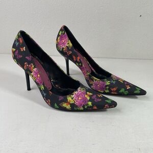 BCBGirls Stilettos Pumps Women's 6.5B Black Satin Floral Butterfly Heels Y2K